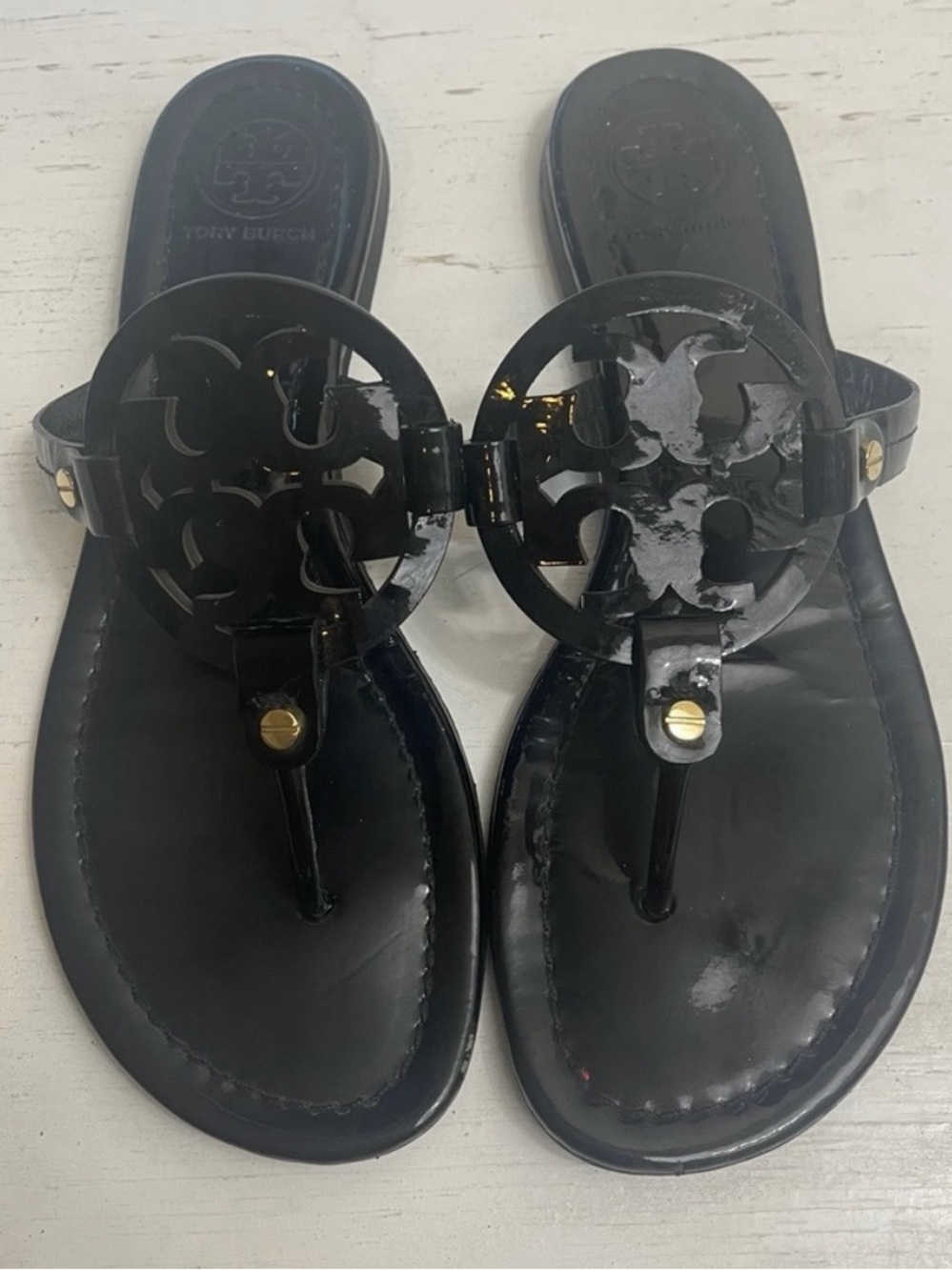 Tory Burch Black Patent Miller Logo Thong Sandals